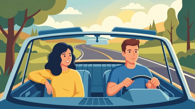 A young man and woman are sitting inside an automobile as the male driver handles the vehicle while traveling down the road 
