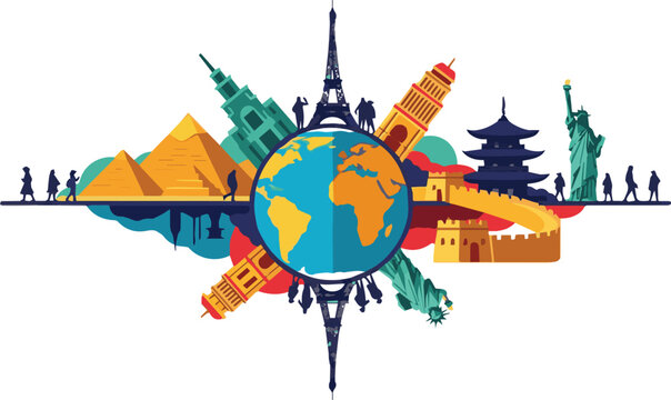 The globe showcases famous landmarks around the world in a colorful illustration.