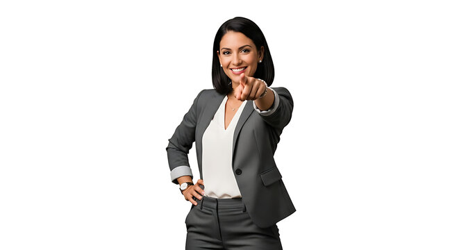 A confident businesswoman pointing forward with a smile, leadership and decision concept, isolated on white background.