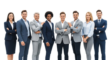 Obraz premium A group of diverse professionals standing together smiling confidently, teamwork and diversity concept, isolated on white background.