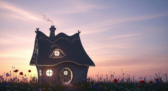Enchanting fairy tale cottage nestled in a dreamy sunset landscape with whimsical architectural details