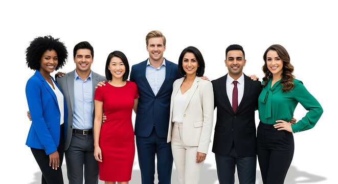A group of diverse professionals standing together smiling confidently, teamwork and diversity concept, isolated on white background.