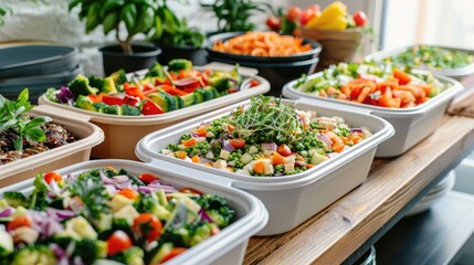 Obraz premium Abundant and colorful selection of nutritious vegetarian salads featuring fresh broccoli tomatoes peas and sprouts presented in sustainable catering trays on a rustic wooden surface