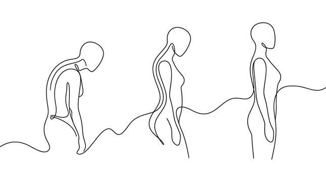 Continuous line art illustration showing human posture correction and spinal health improvement.