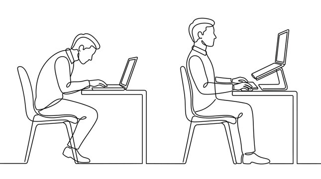 Continuous line drawing of bad and good posture at desk.