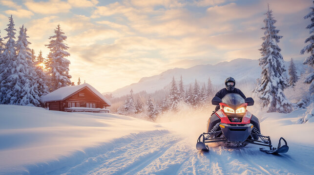 People are riding snowmobiles along a snowy trail in a pine forest at sunset, a winter extreme sport and adventure tourism activity, with a small log cabin in the background.