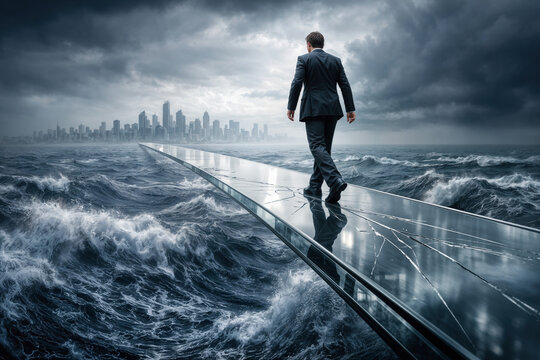 Businessman walking on cracked glass bridge above stormy ocean toward distant global skyline symbolizing market fragility financial risk investment bubble and trade fragmentation uncertainty