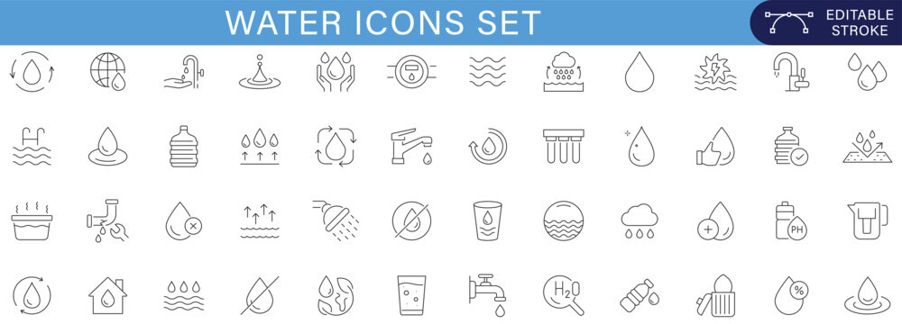 Water icons set line outline collection for UI UX design, hydration, sanitation, plumbing, liquid, droplet, cleaning, eco system symbols, minimal vector pack for web and app interface editable stroke