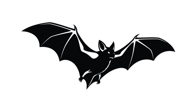 Simple black silhouette of a bat with large outspread wings flying against a white background for classic Halloween themes.