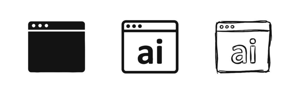 Artificial Intelligence Web Browser Icon Set in Glyph, Outline, and Hand Drawn Styles