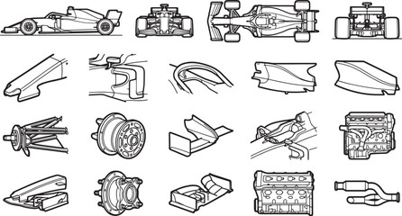 Fototapeta premium A blueprint of a Formula 1 race car showcasing its detailed components, offering a technical view.