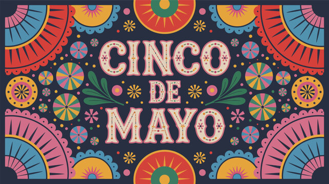 Vibrant Cinco de Mayo vector illustration featuring festive folk art elements and traditional Mexican design for holiday celebration graphics and greeting cards.