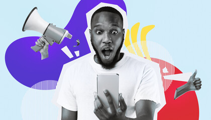 A black man stands in front of a blue background, holding a phone and looking shocked. His mouth is open as he reads a surprising message. Creative shapes surround him. © Prostock-studio