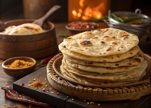 Tandoori roti stack, texture detail, warm tones
