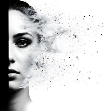 A woman's face is partially disintegrating into smoke and particles on a white background