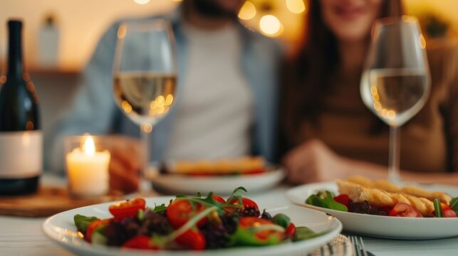 An intimate evening meal with fresh salads breadsticks and white wine illuminated by soft candlelight creating a cozy and romantic dining ambiance
