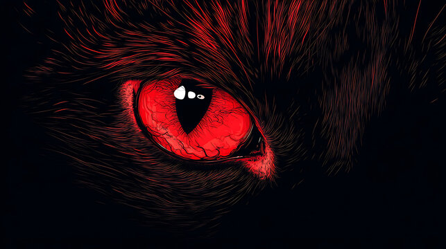 Close up of a demonic red eye glowing in the dark.