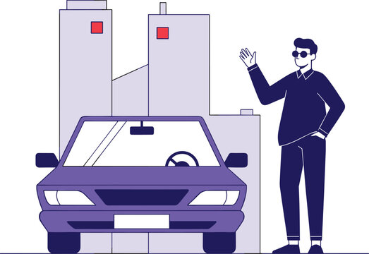 Man Calling Taxi Ride Sharing Service in Urban City Transportation Concept Vector Illustration