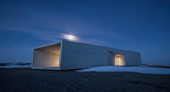 A Stark Minimalist Concrete Structure with Sharp Angles Bathed in Moonlight at Night