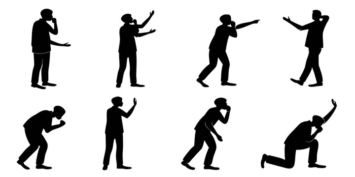 Collection of hand gestures and signs in minimalist black silhouette style with thumbs up sign language body language v sign gestures silhouette communication expression pointing thumbs-up
