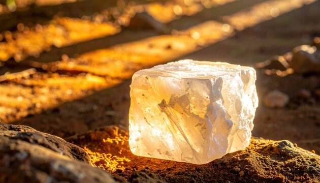A large, rough block of natural rock salt with a translucent, textured surface is illuminated by warm golden light.