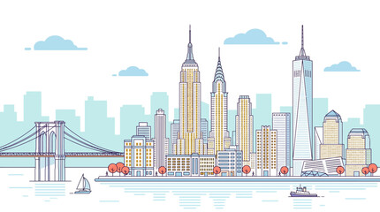 Obraz premium Vibrant cityscape illustration showcasing iconic architectural landmarks and a bridge across a body of water