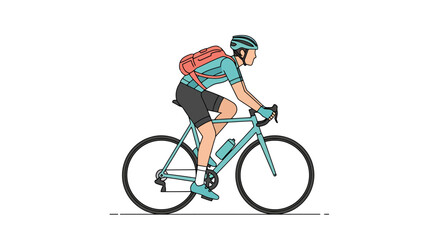 Fototapeta premium A person wearing a helmet and backpack rides a bicycle on a road during the daytime enjoying an outdoor sport and healthy lifestyle activity on a clear path with a water bottle attached to the