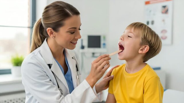 Female pediatrician examining a young boy in a medical clinic. Doctor checking a child's throat with a wooden tongue depressor. Healthcare and pediatric medicine concept