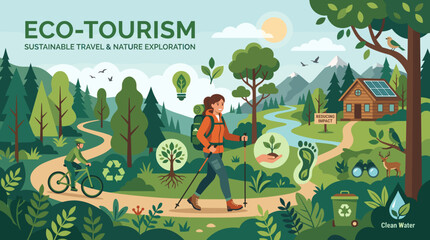 Naklejka premium Eco-tourism concept with a person exploring the nature and environment, eco-friendly. The illustration highlights themes of sustainable travel, nature, exploration and renewable energy