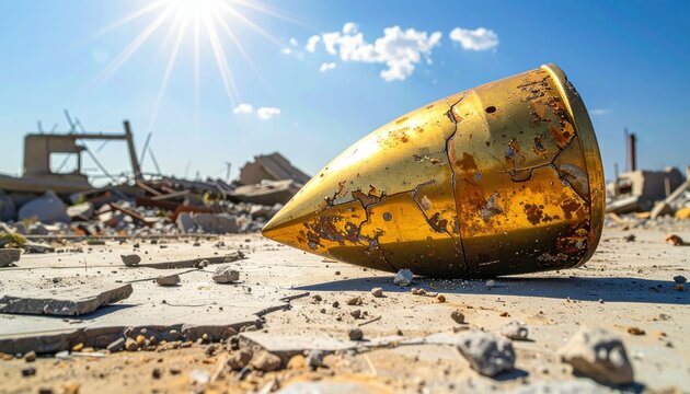 A tarnished brass shrapnel fragment rests on desolate ground under harsh sunlight, capturing the stark aftermath of a violent conflict amidst scattered ruins and debris.