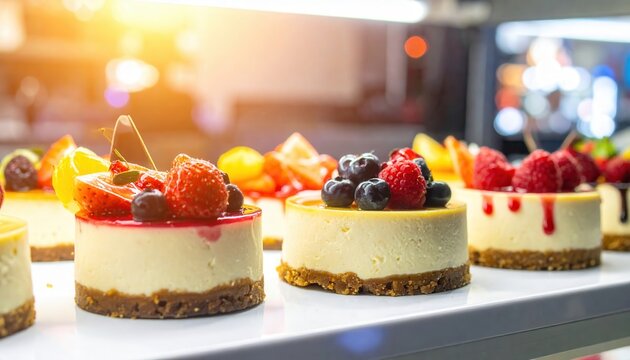 Delicious miniature cheesecakes topped with fresh berries arranged in a professional bakery display case for customers to enjoy.
