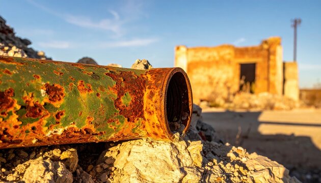 A heavily corroded and oxidized metal pipe section lying amidst rocky debris in a desert landscape with an old ruined building in the background during a bright sunny afternoon at golden hour.