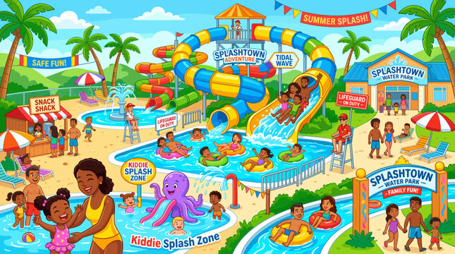 A Vibrant Water Park Scene, Fun and Refreshing. Featuring thrilling water slides, pools, and people enjoying a fun summer day