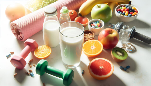 Healthy fitness nutrition concept with milk fruits dumbbells vitamins and yoga mat balanced diet lifestyle and workout essentials on bright background