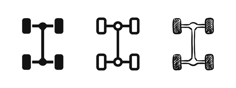 Car Chassis and Drivetrain Icon Set, Automotive Axle and Wheel Symbol