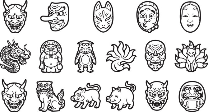 An array of traditional Japanese cultural masks and figures, showcasing the rich cultural heritage and symbolism of Japan, meticulously illustrated.