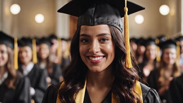This captures a young college student celebrating her graduation with a beaming smile, surrounded by fellow graduates in a ceremony that marks a significant academic achievement and the beginning of
