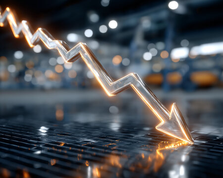 Economic Downturn: A symbolic depiction of a downturn, featuring a downward-pointing arrow illuminated against an industrial backdrop, suggesting financial struggle and economic challenges.
