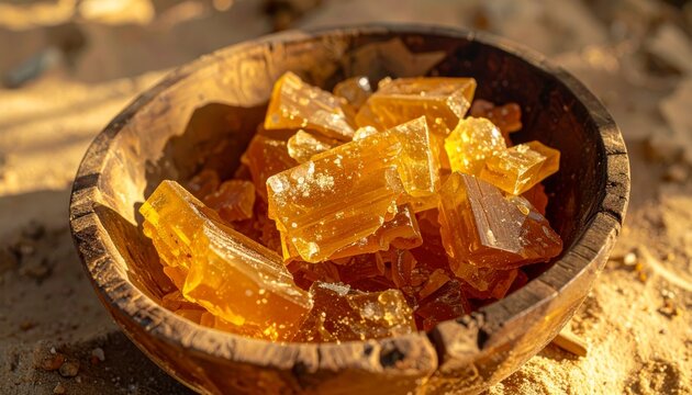 Natural amber resin chunks, sticky and translucent, collected in a rough wooden bowl, offering a rich, earthy texture and inviting warmth.