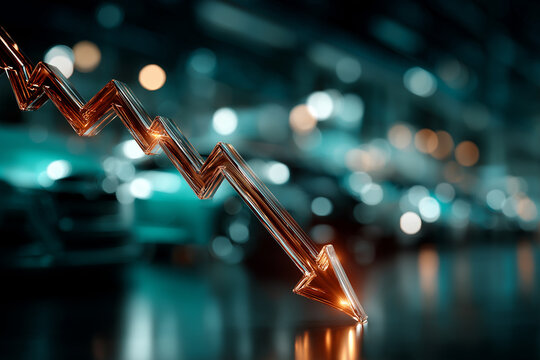 Market Downturn: A symbolic depiction of economic decline, with a metallic downward arrow poised against a blurred background of a dealership, creating a sense of financial uncertainty and challenge.