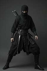 Obraz premium Wrapped warrior with blades in samurai era black white portrait