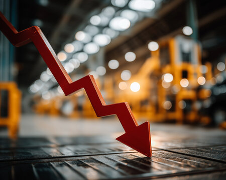 Economic Downturn: A symbolic depiction of economic decline, with a descending red arrow indicating falling values and market instability within the context of an industrial setting.