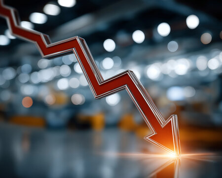 Economic Downturn: A symbolic, downward-pointing arrow, in bold red, dramatically illustrates the concept of decline or downturn against a blurred industrial background.