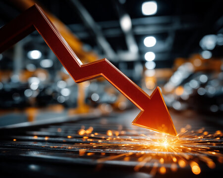 Downward Trend: A graphic representation of a downward-sloping arrow descends into a industrial plant sparking symbolising decline, economic downturn, financial crisis.