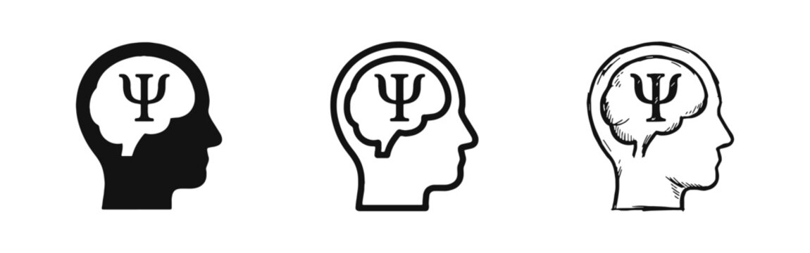 Psychology Icon Set - Human Head with Brain and Psi Symbol in Solid, Outline, and Hand-Drawn Styles