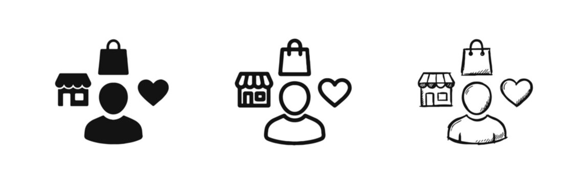 Customer Behavior Icon Set - Person with Shopping Bag, Store and Heart Icons in Solid, Outline and Sketch Styles