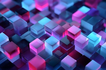 Obraz premium Abstract background of glowing translucent glass cubes in neon blue and purple colors arranged in grid pattern representing big data and block chain technology for digital infrastructure art