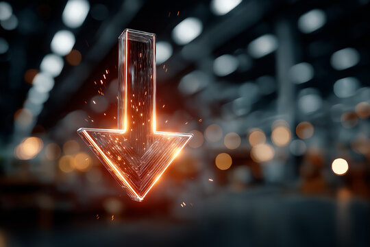 Downward Trend: A glowing, crystal-like arrow descends against the blurred backdrop of a bustling factory, representing a fall in performance or decline in market conditions.