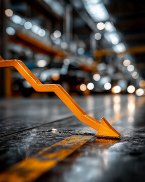 Downward Trend in Industry: A striking visual of a downward-pointing arrow symbol on the factory floor, symbolizing decline in industrial performance, against a backdrop of the manufacturing facility.