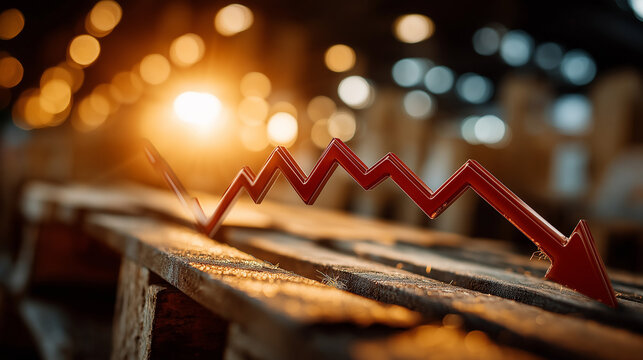 Economic Downturn: A symbolic representation of financial distress, a downward trending arrow is dramatically placed on a wooden pallet amidst a bokeh-filled backdrop.